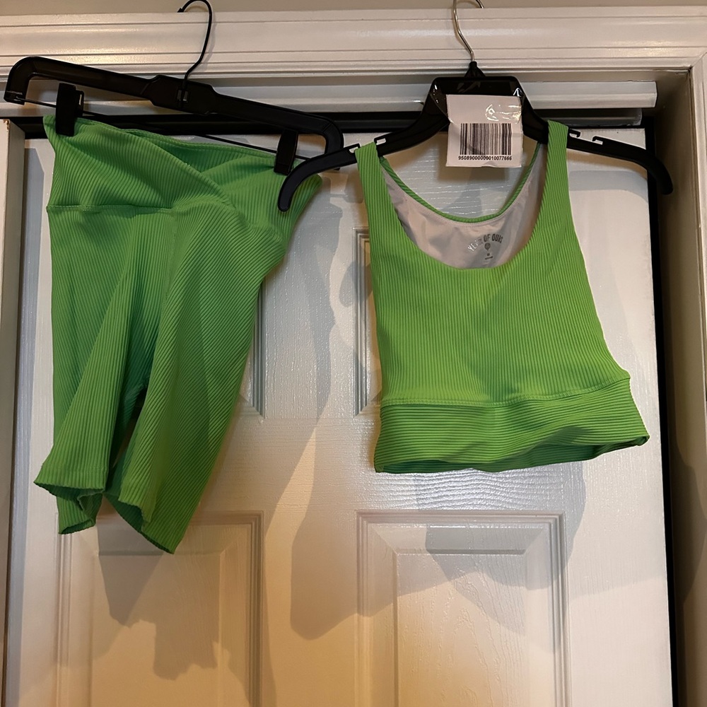 Year of Ours V front biker short + sport bra lime green size M top + S bottom